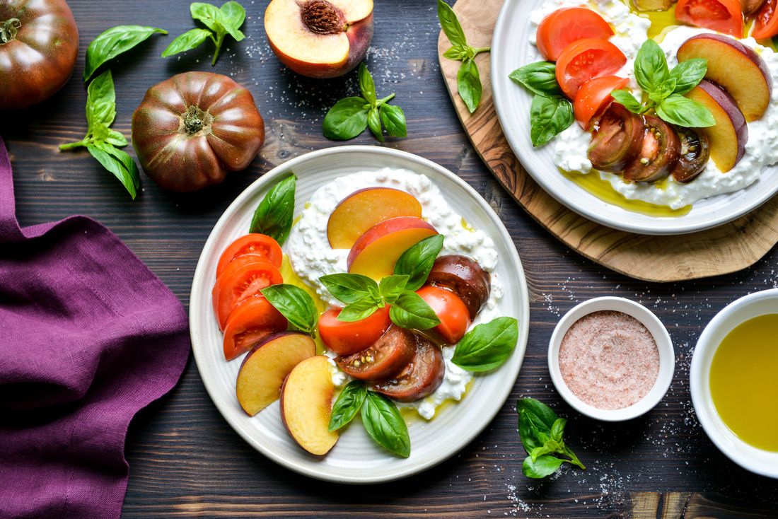 Cottage Cheese with Peaches and Heirloom Tomatoes Nourishing Meals®